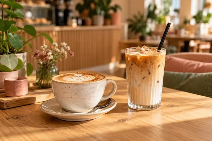 Warme koffie en iced drink samen op tafel bij Cozy Beans